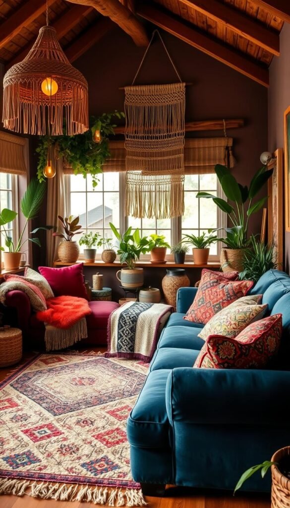 A cozy living room filled with vibrant textiles and rich colors. In the foreground, a plush, jewel-toned velvet sofa invites you to sink in. Piled high with decorative pillows in intricate patterns and textures, it creates a sumptuous focal point. Across the room, a large woven area rug in a bold, geometric design grounds the space. Hanging from the ceiling, a macrame wall hanging in earthy tones adds layers of visual interest. Potted plants and natural wood accents bring the outdoors in, while warm, diffused lighting casts a golden glow throughout. The overall atmosphere is one of relaxed elegance, where rich hues and tactile materials come together to create a visually stunning and inviting living space.