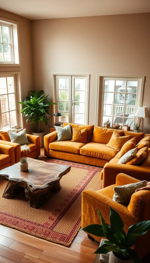 A cozy living room filled with warm, earthy tones and natural textures. The space is bathed in soft, diffused lighting, creating a serene and inviting atmosphere. The focal point is a large, plush sofa upholstered in a rich, muted mustard color, complemented by a pair of matching armchairs. A woven area rug in tones of terracotta and ochre anchors the seating area, while a wooden coffee table with a live-edge top adds a rustic, grounding element. Subtle pops of color come from accent pillows in shades of olive and sage, and a few carefully placed potted plants bring a touch of nature indoors. The walls are painted in a soothing, neutral beige, and large windows allow ample natural light to flood the space, creating a warm and inviting atmosphere.