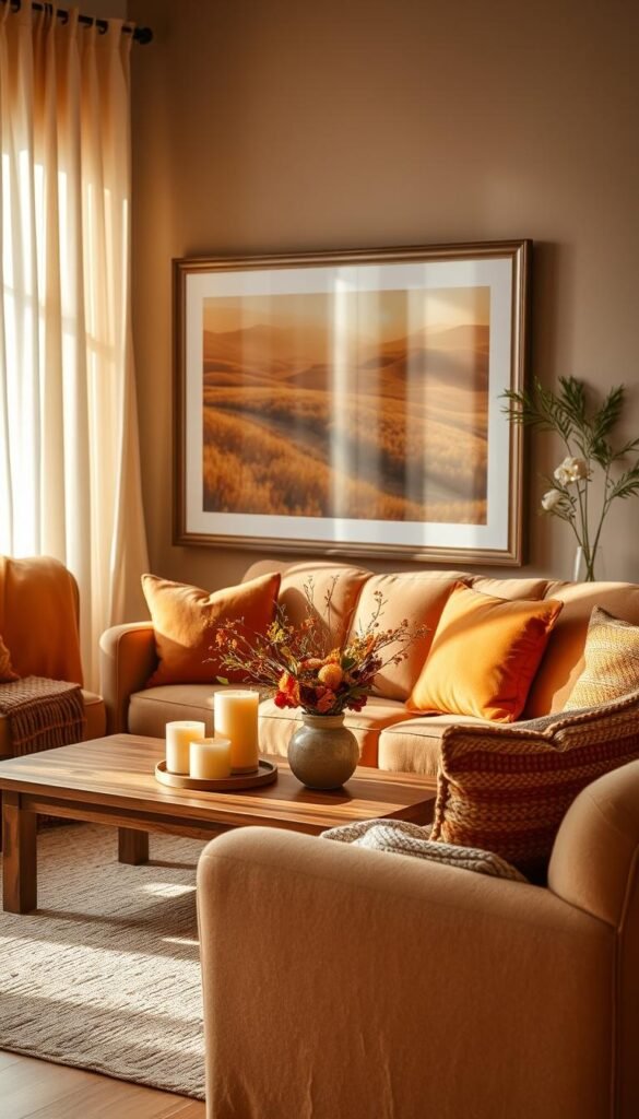 A cozy living room in warm, inviting tones. Soft lighting filters through sheer curtains, casting a gentle glow over a plush, earth-toned sofa and armchair. On a wooden coffee table, a cluster of decorative candles and a vase of seasonal flowers add pops of autumnal hues. In the background, a large, framed landscape painting in golden and ochre tones complements the room's palette. Soft, textured throws and pillows in shades of rust and amber invite relaxation. The atmosphere is one of comfort and tranquility, perfect for enjoying the changing seasons.