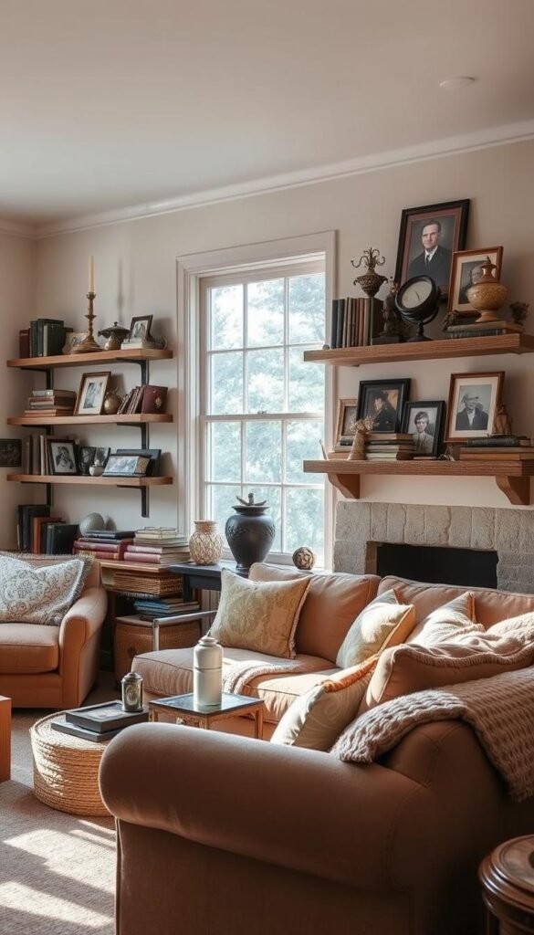 A cozy living room with a carefully curated display of personal collections. A warm, inviting scene bathed in soft, diffused lighting from a large window. Antique books, vintage trinkets, and cherished photographs are arranged artfully on rustic wooden shelves, creating a visually captivating and deeply personal vignette. The room's neutral color palette, plush textiles, and natural wood accents evoke a sense of comfort and timelessness. Subtle shadows and highlights add depth and dimensionality, while the overall composition draws the viewer's eye to explore the meaningful objects that reflect the homeowner's unique personality and life experiences.