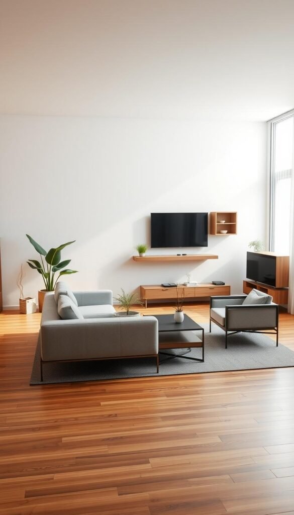 A cozy living room with a floating furniture arrangement, bathed in warm, diffused lighting from a large window. In the foreground, a sleek, minimalist sofa and armchair hover effortlessly above the wooden floorboards. Lush potted plants and a stylish coffee table create a balanced, center-focused layout. The middle ground features a floating media unit and shelving unit, their slim profiles adding a sense of lightness. The background showcases a neutral, textured wall, complementing the room's airy, uncluttered aesthetic. Soft shadows and gentle highlights enhance the floating illusion, creating an inviting, harmonious atmosphere. A cozy living room with a floating furniture arrangement, bathed in warm, diffused lighting from a large window. In the foreground, a sleek, minimalist sofa and armchair hover effortlessly above the wooden floorboards. Lush potted plants and a stylish coffee table create a balanced, center-focused layout. The middle ground features a floating media unit and shelving unit, their slim profiles adding a sense of lightness. The background showcases a neutral, textured wall, complementing the room's airy, uncluttered aesthetic. Soft shadows and gentle highlights enhance the floating illusion, creating an inviting, harmonious atmosphere.