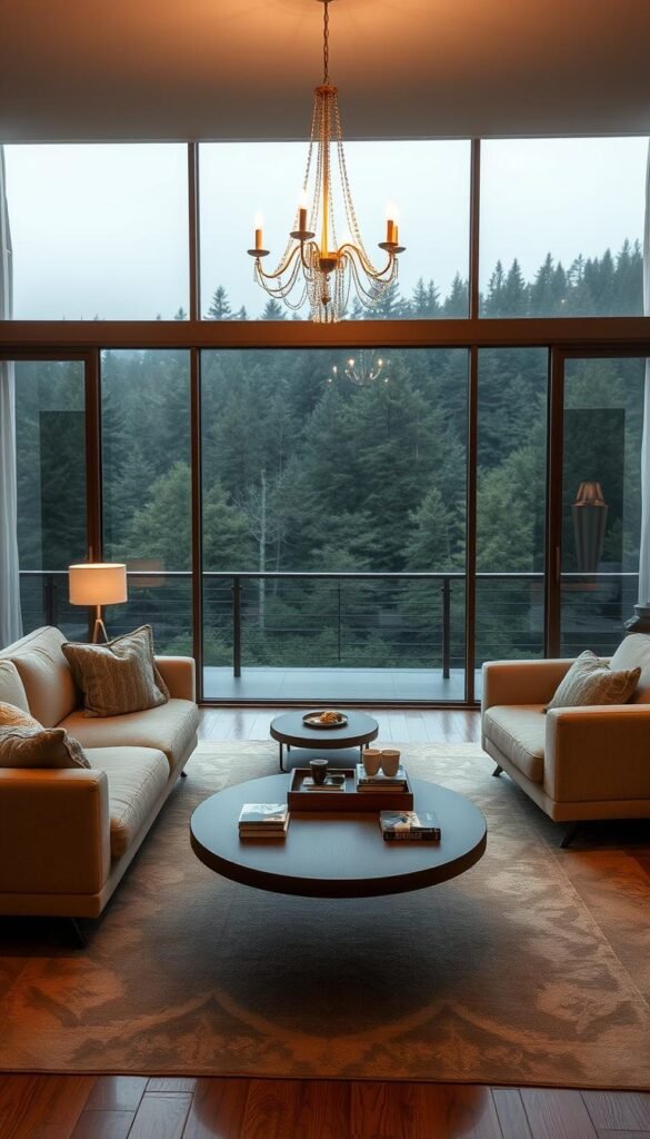 A cozy living room with a floating furniture arrangement. In the foreground, a plush, overstuffed sofa and armchair hover effortlessly, inviting guests to sink in and relax. Mid-ground, a low, wooden coffee table drifts, topped with a tray of warm beverages and a scattering of books. Overhead, a delicate chandelier casts a soft, ambient glow, illuminating the space. In the background, floor-to-ceiling windows offer a view of a serene, wooded landscape, creating a tranquil, natural backdrop. The overall atmosphere is one of comfort, intimacy, and a sense of weightlessness, encouraging gatherings and conversation.