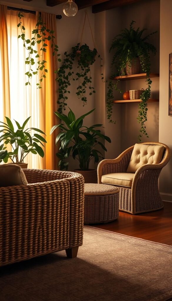 A cozy living room with a tactile, woven aesthetic. In the foreground, a plush, textured sofa with intricate basket-weave upholstery invites relaxation. Mid-ground, an armchair and ottoman feature natural rattan frames and soft, tufted cushions. Lush, trailing plants cascade from wall-mounted shelves, their lush greenery complementing the organic materials. Warm, diffused lighting filters through sheer curtains, casting a gentle glow and creating an intimate, welcoming atmosphere. Hardwood floors are anchored by a dense, patterned area rug, tying the space together. Subtle shadows and highlights accentuate the depth and richness of the woven textures throughout.