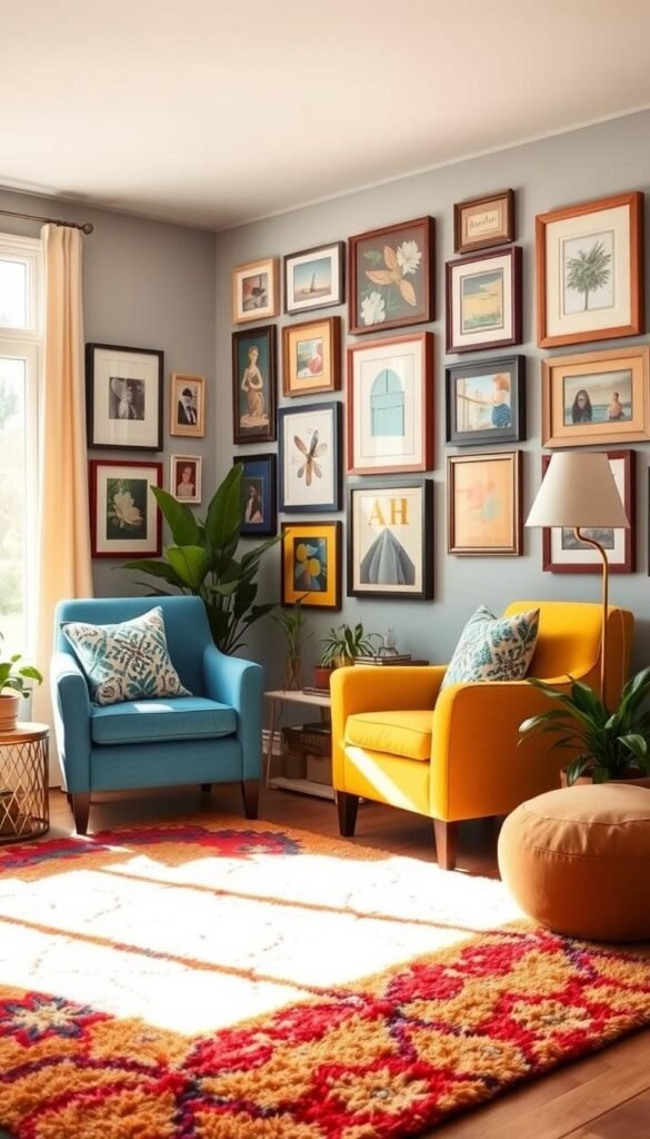 A cozy living room with a vibrant, yet budget-friendly color palette. The space is bathed in warm, natural lighting filtering through large windows, casting a soft, inviting glow. In the foreground, a plush, colorful area rug grounds the room, complemented by a pair of mismatched, but complementary armchairs in shades of blue and yellow. On the walls, an eclectic gallery of framed artwork in a mix of colors and frames adds visual interest. Strategically placed houseplants and decorative throw pillows in vibrant hues complete the welcoming, lively atmosphere.