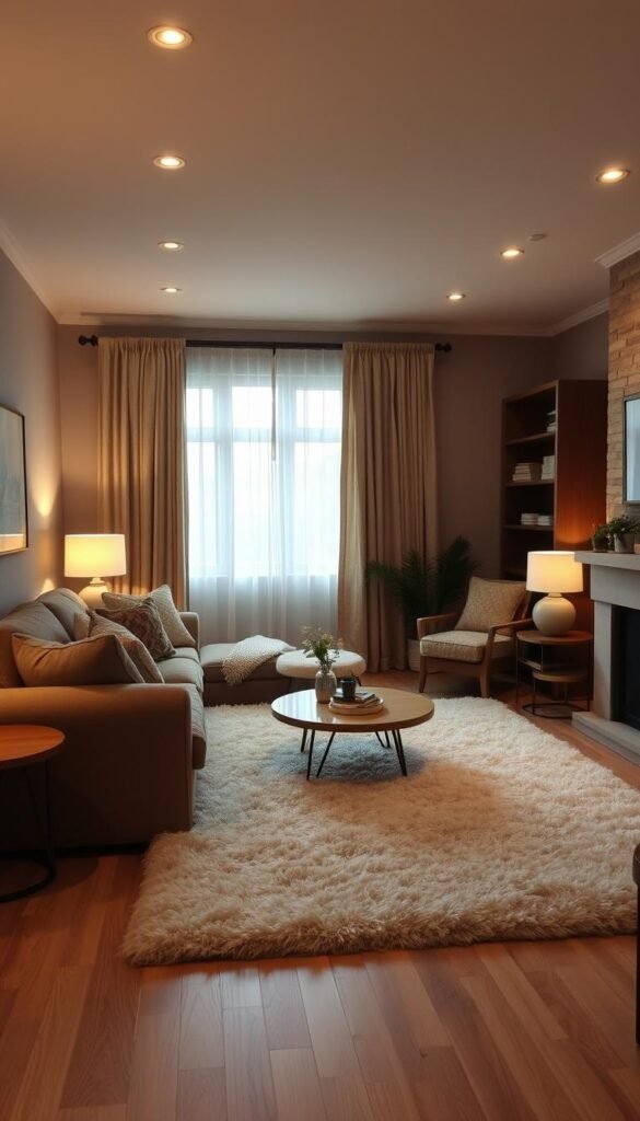 A cozy living room with a warm, inviting ambiance. The room is softly lit by a mix of table lamps and recessed lighting, creating a gentle, diffused glow. Plush, overstuffed furniture in earthy tones invites relaxation, while a large, fluffy rug grounds the space. Wooden accents, such as a coffee table and shelving, add natural texture. Curtains in a muted, organic palette frame the windows, allowing just the right amount of natural light to filter in. Subtle hints of greenery, such as a potted plant or fresh flowers, bring a touch of life to the space. The overall atmosphere is one of comfort, tranquility, and effortless style.