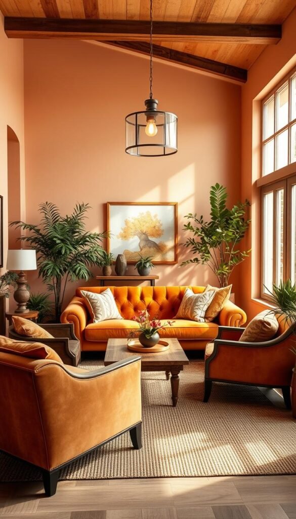 A cozy living room with a warm, inviting atmosphere. Soft, layered textures in shades of ochre, terracotta, and burnished gold create a sense of depth and visual interest. The plush, tufted sofa is flanked by two elegant armchairs, all positioned around a low, wooden coffee table. Overhead, a statement pendant light casts a gentle, ambient glow, while large windows allow natural light to filter in, casting a golden hue throughout the space. Decorative throw pillows, a woven area rug, and potted plants add additional layers of color and texture, culminating in a harmonious, enveloping scene.