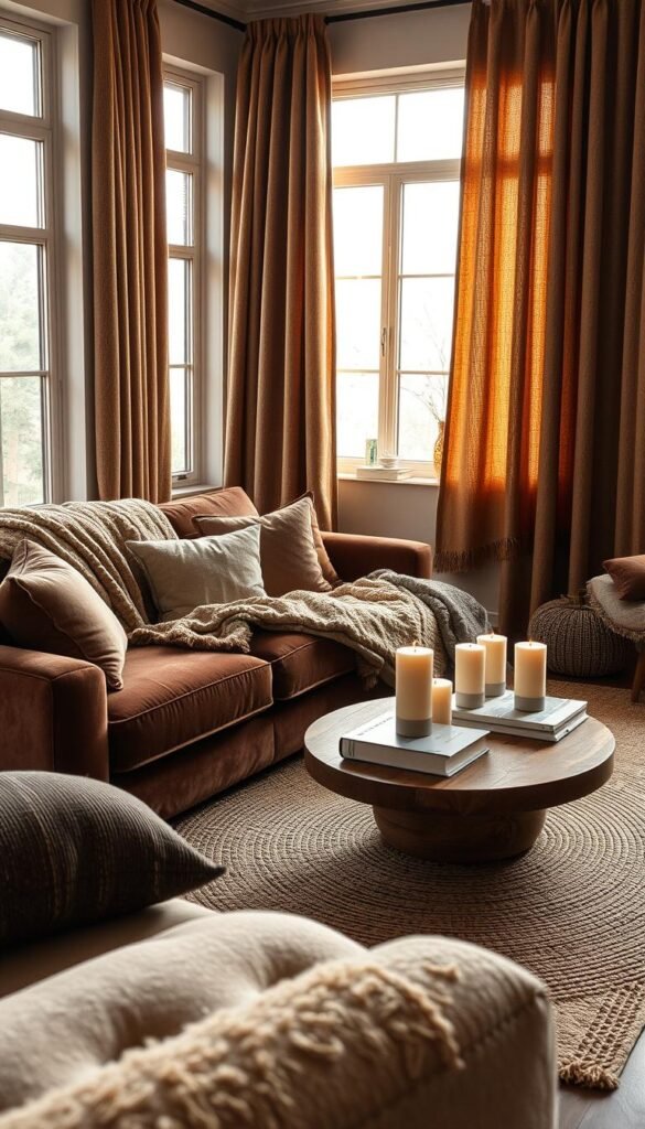 A cozy living room with layered textiles creating a welcoming, tactile atmosphere. In the foreground, a plush velvet sofa covered in soft blankets and throw pillows in earthy tones. On the middle ground, a woven area rug and a wooden coffee table topped with a stack of books and a tray of scented candles. In the background, floor-to-ceiling curtains in a lush, textured fabric frame large windows, allowing warm, diffused natural light to filter through. The overall mood is one of warmth, comfort, and relaxation, inviting the viewer to sink into the space and experience the layers of texture and color.