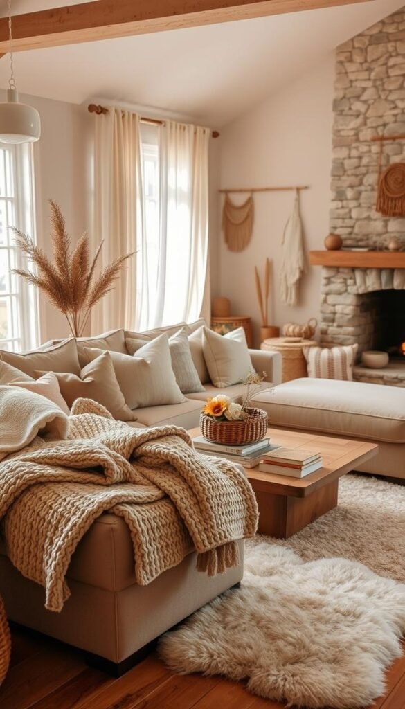 A cozy living room with soft, inviting textures. In the foreground, a plush, oversized sectional sofa is layered with a chunky knit throw blanket and an assortment of pillows in various soft, muted tones. Sheer curtains billow gently in a warm, natural light, casting a gentle glow across the space. In the middle ground, a large, low-profile coffee table is topped with a woven basket, fresh flowers, and a stack of well-worn books. Subtle patterns and textures, like a sheepskin rug and a hand-woven wall hanging, create depth and visual interest. The background features a stone or brick fireplace, its crackling fire casting a comforting ambiance throughout the room. An overall sense of coziness, relaxation, and inviting warmth permeates the scene.