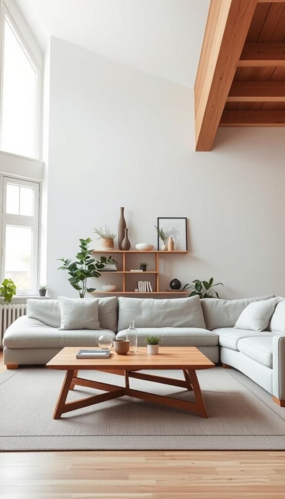 A cozy, minimalist Scandinavian living room with clean lines, natural textures, and a muted color palette. In the foreground, a low-profile, L-shaped sofa upholstered in a light gray fabric. Atop a neutral-toned area rug, a wooden coffee table with simple geometric legs. In the middle ground, a wall-mounted shelving unit displaying decorative objects, plants, and books. Large windows flood the space with soft, diffused natural light, casting a warm glow. The background features pale-colored walls, complemented by wooden ceiling beams and panels. An overall sense of serenity and hygge permeates the scene.
