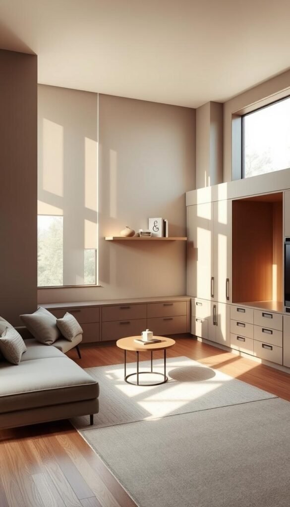 A cozy, minimalist living room in muted tones with smart storage solutions. The room is bathed in warm, natural light from large windows, casting soft shadows across the clean-lined furniture. A floating shelf displays decorative accents, complemented by a low, streamlined sofa and a small, round coffee table. Subtle built-in cabinets and drawers blend seamlessly into the walls, providing ample hidden storage. The overall atmosphere is one of calm, uncluttered elegance, showcasing how thoughtful design can maximize function in a small space. A cozy, minimalist living room in muted tones with smart storage solutions. The room is bathed in warm, natural light from large windows, casting soft shadows across the clean-lined furniture. A floating shelf displays decorative accents, complemented by a low, streamlined sofa and a small, round coffee table. Subtle built-in cabinets and drawers blend seamlessly into the walls, providing ample hidden storage. The overall atmosphere is one of calm, uncluttered elegance, showcasing how thoughtful design can maximize function in a small space.