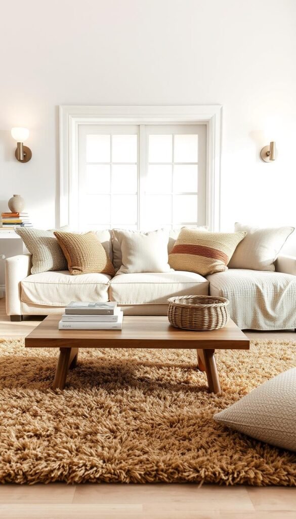 A cozy, minimalist living room with layers of natural fiber textiles. In the foreground, a plush, earth-toned area rug anchors the space. Atop it, a low-profile, natural wood coffee table is topped with a woven basket and a few stacked books. In the middle ground, a sectional sofa is adorned with an array of tactile throw pillows in neutral hues and natural textures, such as linen, jute, and wool. Casting a warm, diffused glow, a pair of sleek, minimalist wall sconces flank a large window, which allows ample natural light to filter in. In the background, a bare, whitewashed wall creates a serene, uncluttered backdrop, emphasizing the beauty of the layered, natural fiber elements. A cozy, minimalist living room with layers of natural fiber textiles. In the foreground, a plush, earth-toned area rug anchors the space. Atop it, a low-profile, natural wood coffee table is topped with a woven basket and a few stacked books. In the middle ground, a sectional sofa is adorned with an array of tactile throw pillows in neutral hues and natural textures, such as linen, jute, and wool. Casting a warm, diffused glow, a pair of sleek, minimalist wall sconces flank a large window, which allows ample natural light to filter in. In the background, a bare, whitewashed wall creates a serene, uncluttered backdrop, emphasizing the beauty of the layered, natural fiber elements.
