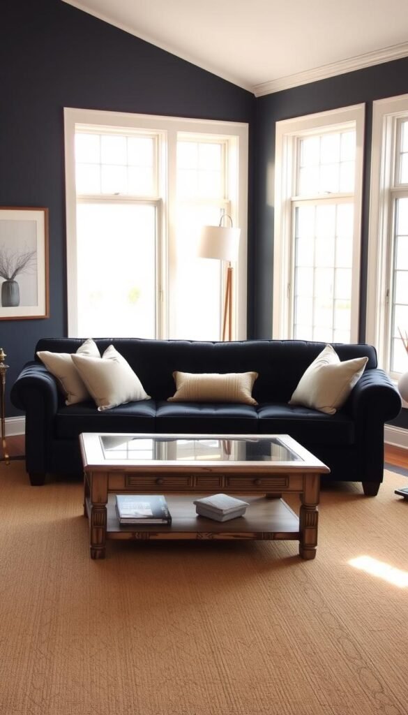 A cozy navy blue living room with neutral accents, bathed in warm, diffused lighting. The room features a plush, tufted navy sofa accented with cream and gray throw pillows. Situated in front of it, a distressed wood coffee table with a glass top. On the walls, framed neutral-toned abstract art pieces. In the corner, a tall, minimalist floor lamp casts a soft glow across the space. The room is anchored by a large, neutral-colored area rug. Abundant natural light filters in through large windows, creating a tranquil, inviting atmosphere. A cozy navy blue living room with neutral accents, bathed in warm, diffused lighting. The room features a plush, tufted navy sofa accented with cream and gray throw pillows. Situated in front of it, a distressed wood coffee table with a glass top. On the walls, framed neutral-toned abstract art pieces. In the corner, a tall, minimalist floor lamp casts a soft glow across the space. The room is anchored by a large, neutral-colored area rug. Abundant natural light filters in through large windows, creating a tranquil, inviting atmosphere.