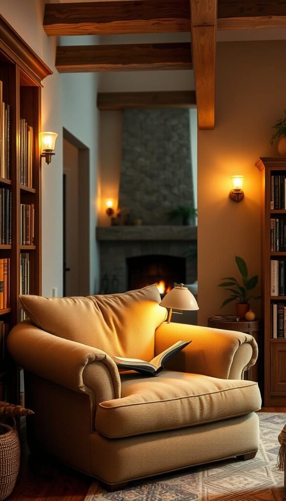 A cozy reading nook nestled in a warm, inviting living room. A plush, oversized armchair sits in the foreground, upholstered in a soft, neutral fabric and flanked by wooden bookshelves brimming with well-worn volumes. Indirect lighting from sconces on the walls casts a gentle, golden glow, creating a tranquil, relaxing atmosphere. The middle ground features a small side table with a reading lamp and a decorative plant, while the background reveals a glimpse of a cozy fireplace and natural elements like exposed wood beams and potted greenery, further enhancing the sense of comfort and seclusion. The overall scene evokes a serene, inviting space perfect for curling up with a good book.