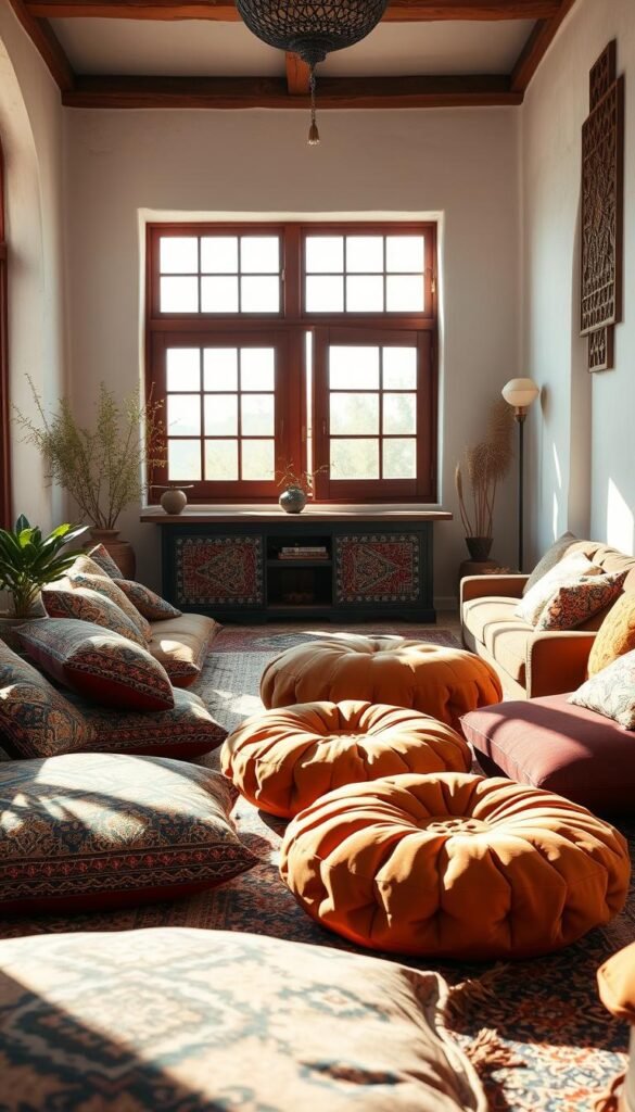 A cozy, sun-drenched Moroccan-inspired boho living room. In the foreground, an arrangement of plush, jewel-toned floor cushions in intricate geometric and paisley patterns, inviting visitors to sink in and relax. The middle ground features decorative, tufted leather poufs in warm tan and burgundy hues, complementing the rustic, earthy tones. Soft, diffused natural light filters in through large windows, casting a golden glow and creating a serene, inviting atmosphere. In the background, a backdrop of whitewashed walls with ornate, carved wood accents adds depth and character to the space, transporting the viewer to a far-off, exotic locale.