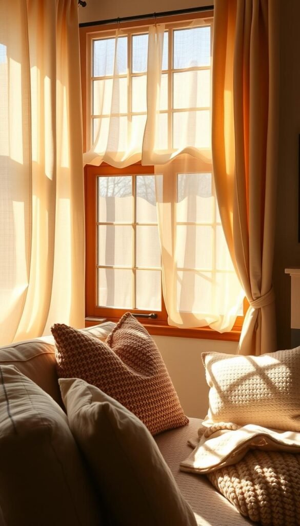 A cozy, sun-lit living room with inviting window treatments. Soft, lush draperies in natural textures like linen or velvet, gently flowing and casting warm shadows across the room. Delicate, sheer curtains filtering the light, creating a diffused, intimate ambiance. Textured throw pillows and blankets accentuating the plush, relaxed atmosphere. Wooden frames and sills, complementing the earthy tones. A sense of comfort and seclusion, like a private haven away from the world.