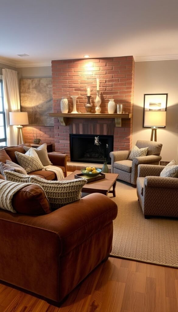 A cozy, textured living room with plush, inviting soft furnishings. In the foreground, a large, overstuffed sectional sofa in a rich, velvet fabric, accented with knitted throw pillows and a chunky cable-knit blanket. In the middle ground, a low, wooden coffee table topped with a woven area rug, flanked by matching armchairs upholstered in a nubby, neutral-toned fabric. The background features a brick fireplace with a mantel adorned with decorative vases and candles, casting a warm, ambient glow. Soft, diffused lighting from floor and table lamps creates a intimate, relaxing atmosphere. Textures abound, from the natural wood tones to the varied fabrics, evoking a sense of comfort and coziness.