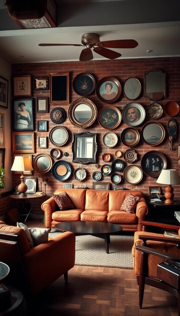 A cozy, well-curated vintage living room with a warm, inviting atmosphere. In the foreground, an eclectic display of framed wall art, vintage mirrors, and decorative plates arranged in a visually striking manner. In the middle ground, a retro sofa and armchair in rich, earthy tones, complemented by a mid-century coffee table and side tables. The background features a brick or wood-paneled wall, lending a rustic, industrial touch. Soft, diffused lighting illuminates the scene, creating a nostalgic, atmospheric mood. The overall composition evokes a sense of timeless elegance and a harmonious blend of vintage and modern elements.