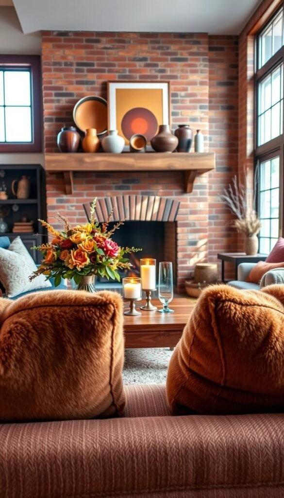 A cozy, well-lit living room with rich, warm accent colors. In the foreground, plush, earth-toned throw pillows and a soft, textured area rug anchor the space. The middle ground features a wooden coffee table topped with a bouquet of autumnal flowers and candles, casting a gentle glow. In the background, a brick fireplace mantel displays decorative ceramics and framed artwork in hues of ochre, terracotta, and deep burgundy. Large windows allow natural light to filter in, creating a welcoming, inviting atmosphere. The overall palette evokes a sense of comfort and sophistication.