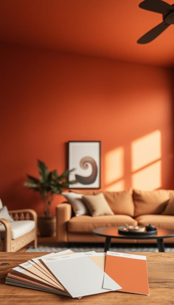 A cozy, well-lit living room with warm, earthy paint finishes. The walls are painted in a rich, terracotta hue with a subtle satin sheen, creating a inviting and calming atmosphere. The paint application showcases a seamless, uniform coverage, free of visible brush strokes or roller marks. The lighting, a combination of soft, indirect natural light and subtle ambient fixtures, accentuates the depth and texture of the paint's surface. In the foreground, a selection of paint samples in complementary tones are neatly arranged, providing visual inspiration for the viewer. The overall scene evokes a sense of comfort, sophistication, and attention to detail in home decor.