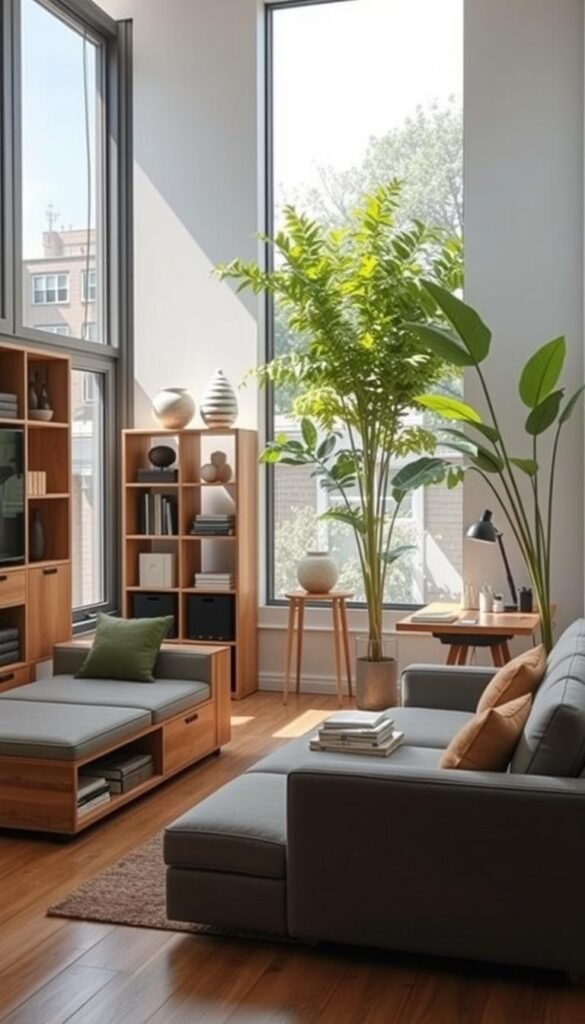 A cozy, well-lit small living room with a multifunctional furniture arrangement. In the foreground, a modular sofa with built-in storage and a folding coffee table that can double as a dining surface. Adjacent, a compact workstation with a slim desk and adjustable task lamp. In the middle ground, a shelving unit with both open and closed storage, displaying decorative objects and serving as a room divider. The background features large windows, letting in abundant natural light and framing a lush indoor plant. The overall mood is functional yet stylish, maximizing the limited space with clever, versatile furnishings. A cozy, well-lit small living room with a multifunctional furniture arrangement. In the foreground, a modular sofa with built-in storage and a folding coffee table that can double as a dining surface. Adjacent, a compact workstation with a slim desk and adjustable task lamp. In the middle ground, a shelving unit with both open and closed storage, displaying decorative objects and serving as a room divider. The background features large windows, letting in abundant natural light and framing a lush indoor plant. The overall mood is functional yet stylish, maximizing the limited space with clever, versatile furnishings.