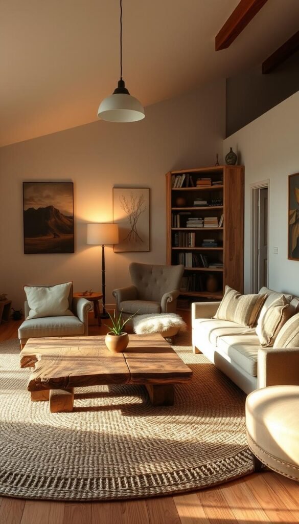 A cozy, well-lit sustainable living room with a focus on reclaimed wood furniture. The room features a large, low-profile sofa with plush cushions, complemented by a sturdy coffee table crafted from distressed wood planks. In the corner, a vintage armchair upholstered in earth-toned fabric sits adjacent to a tall, slender bookshelf made from repurposed timber. Soft, diffused lighting from floor lamps and a pendant fixture above casts a warm, inviting glow throughout the space. The walls are adorned with nature-inspired artwork, and a large, woven area rug grounds the composition. An open, airy atmosphere evokes a sense of harmony and environmental consciousness. A cozy, well-lit sustainable living room with a focus on reclaimed wood furniture. The room features a large, low-profile sofa with plush cushions, complemented by a sturdy coffee table crafted from distressed wood planks. In the corner, a vintage armchair upholstered in earth-toned fabric sits adjacent to a tall, slender bookshelf made from repurposed timber. Soft, diffused lighting from floor lamps and a pendant fixture above casts a warm, inviting glow throughout the space. The walls are adorned with nature-inspired artwork, and a large, woven area rug grounds the composition. An open, airy atmosphere evokes a sense of harmony and environmental consciousness.