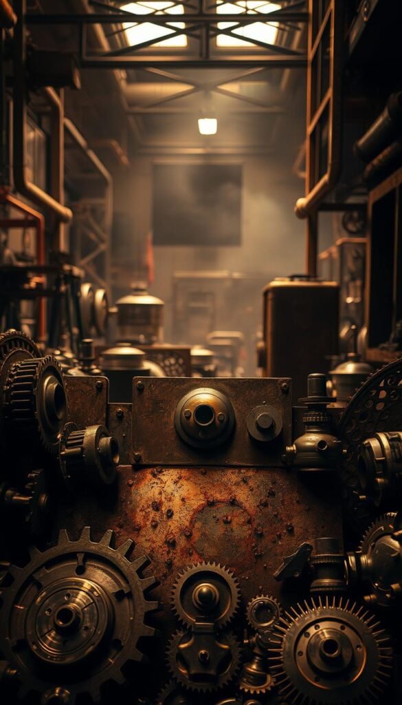 A dimly lit industrial workspace, bathed in warm, muted lighting. The foreground showcases a variety of metallic objects - gears, pipes, and intricately textured panels - arranged in a visually compelling, tactile display. The middle ground features a mix of weathered, rusted surfaces and gleaming, polished metallic accents, creating a striking contrast. In the background, a hazy, shadowy presence suggests the larger industrial environment, with hints of machinery and structural elements. The overall atmosphere evokes a sense of functional elegance, where form and function seamlessly merge, inspiring a desire to reach out and explore the tactile qualities of the metallic decor.