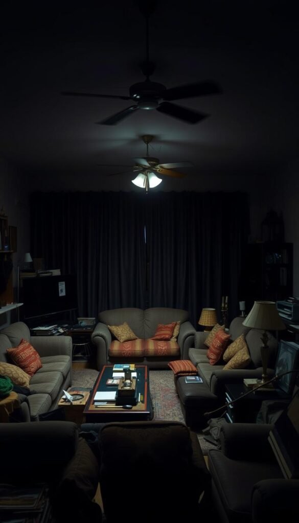 A dimly lit living room with cluttered furniture, harsh overhead lighting, and dark, heavy curtains that block natural light. The room feels oppressive and uninviting, with a lack of cohesive design and poor attention to lighting. Outdated, mismatched decor pieces crowd the space, creating a sense of visual chaos. The overall atmosphere is gloomy and uninspiring, lacking the warmth and comfort one would expect in a well-designed living area. A dimly lit living room with cluttered furniture, harsh overhead lighting, and dark, heavy curtains that block natural light. The room feels oppressive and uninviting, with a lack of cohesive design and poor attention to lighting. Outdated, mismatched decor pieces crowd the space, creating a sense of visual chaos. The overall atmosphere is gloomy and uninspiring, lacking the warmth and comfort one would expect in a well-designed living area.