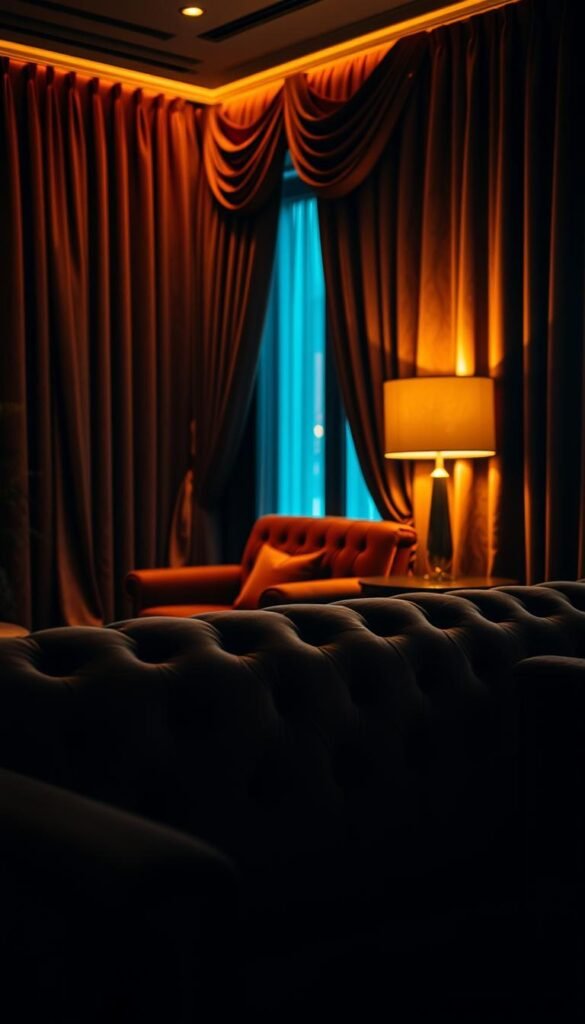 A dimly lit, opulent living room with lush, velvety textures draped across the furniture. The velvet surfaces glisten softly under warm, ambient lighting, casting a cozy, sophisticated atmosphere. In the foreground, a deep-tufted velvet sofa commands attention, its plush cushions inviting one to sink in and relax. The middle ground features a matching armchair, its luxurious upholstery complemented by the sheen of a polished wood side table. In the background, heavy velvet curtains frame a window, their folds creating a sense of depth and grandeur. Subtle shadows and highlights accentuate the depth and richness of the textures, evoking a sense of refined elegance. A dimly lit, opulent living room with lush, velvety textures draped across the furniture. The velvet surfaces glisten softly under warm, ambient lighting, casting a cozy, sophisticated atmosphere. In the foreground, a deep-tufted velvet sofa commands attention, its plush cushions inviting one to sink in and relax. The middle ground features a matching armchair, its luxurious upholstery complemented by the sheen of a polished wood side table. In the background, heavy velvet curtains frame a window, their folds creating a sense of depth and grandeur. Subtle shadows and highlights accentuate the depth and richness of the textures, evoking a sense of refined elegance.