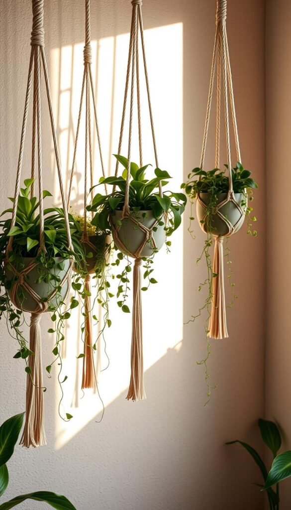 A lush, boho-inspired display of macrame plant holders, each cradling a verdant, trailing plant, suspended against a warm, diffused light. The holders sway gently, creating a dynamic, organic arrangement that feels both cozy and elevated. The backdrop is a softly textured, neutral wall, allowing the natural textures and hues of the plants and macrame to take center stage. Dappled shadows and highlights add depth and dimension, while the overall mood is one of earthy, calming elegance.