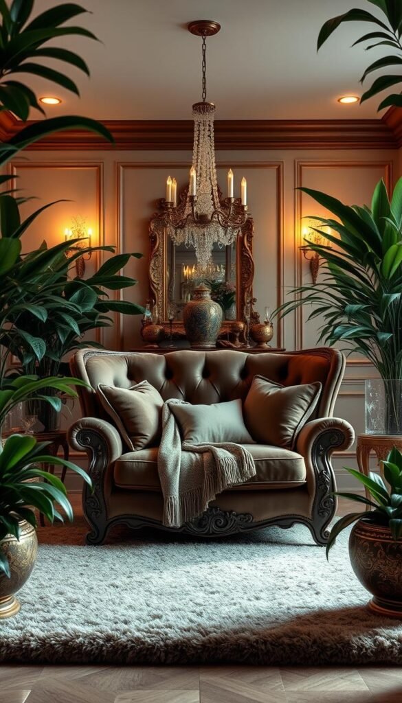 A luxurious and elegantly designed living room with a striking statement furniture piece as the centerpiece. The room is bathed in warm, soft lighting that casts a cozy, inviting ambiance. The focal point is a grand, ornately carved armchair or sofa upholstered in rich, sumptuous fabrics like velvet or brocade. Plush, oversized throw pillows and a decorative tasseled blanket add to the tactile, opulent feel. The room is accented with antique gold or bronze fixtures, gleaming crystal or glass decor, and lush, verdant potted plants that frame the scene. The floors are covered in a thick, high-pile rug in a muted color palette that ties the whole space together. Overall, the image conveys a sense of timeless elegance, luxury, and effortless sophistication. A luxurious and elegantly designed living room with a striking statement furniture piece as the centerpiece. The room is bathed in warm, soft lighting that casts a cozy, inviting ambiance. The focal point is a grand, ornately carved armchair or sofa upholstered in rich, sumptuous fabrics like velvet or brocade. Plush, oversized throw pillows and a decorative tasseled blanket add to the tactile, opulent feel. The room is accented with antique gold or bronze fixtures, gleaming crystal or glass decor, and lush, verdant potted plants that frame the scene. The floors are covered in a thick, high-pile rug in a muted color palette that ties the whole space together. Overall, the image conveys a sense of timeless elegance, luxury, and effortless sophistication.