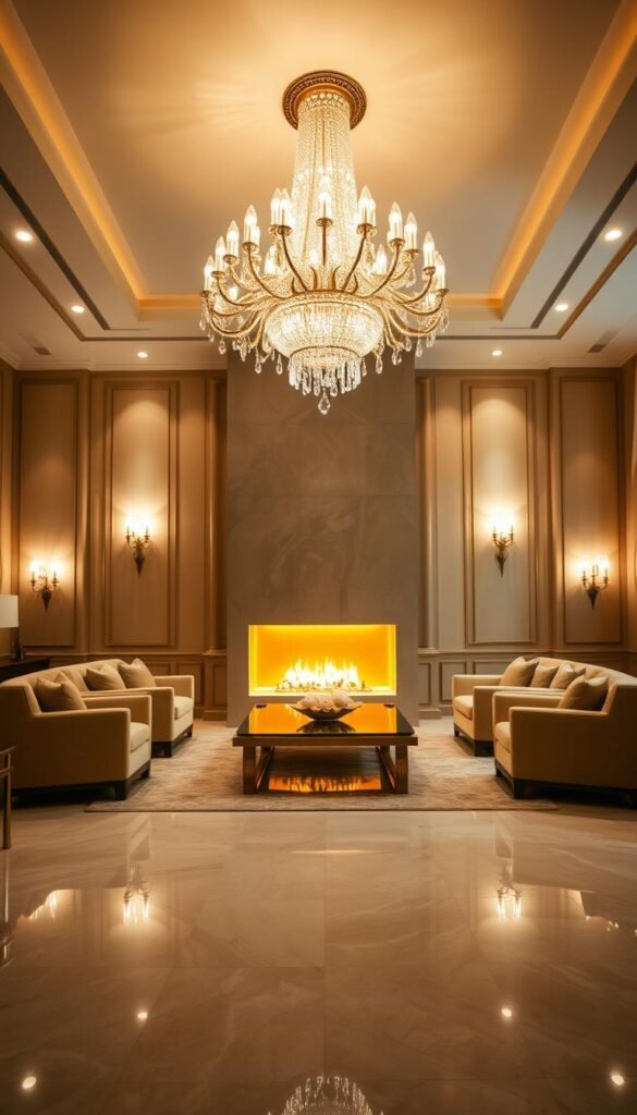 A luxurious and meticulously designed living space, bathed in a warm, inviting glow. The room features a large, plush sofa and armchairs arranged around a polished coffee table, all illuminated by a grand, crystalline chandelier that casts a soft, ambient light. Wall-mounted sconces on either side of a grand fireplace create dramatic shadows, while recessed ceiling lights gently brighten the space. The overall atmosphere is one of sophistication and tranquility, with carefully curated lighting that elevates the space and evokes a sense of refined elegance. A luxurious and meticulously designed living space, bathed in a warm, inviting glow. The room features a large, plush sofa and armchairs arranged around a polished coffee table, all illuminated by a grand, crystalline chandelier that casts a soft, ambient light. Wall-mounted sconces on either side of a grand fireplace create dramatic shadows, while recessed ceiling lights gently brighten the space. The overall atmosphere is one of sophistication and tranquility, with carefully curated lighting that elevates the space and evokes a sense of refined elegance.