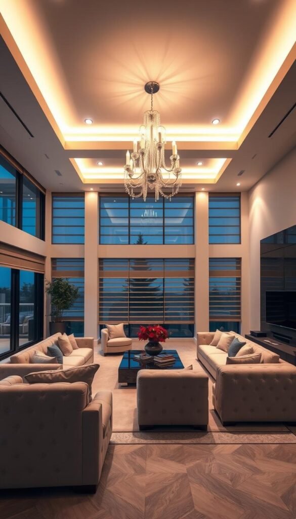 A luxurious and modern living room with seamless smart home integration. The space is bathed in warm, ambient lighting from a stylish chandelier and recessed ceiling fixtures, illuminating the plush, tufted furniture and minimalist decor. The lighting can be controlled and customized via a sleek, wall-mounted smart home panel or mobile app, allowing the homeowner to set the perfect mood for entertaining or relaxation. Floor-to-ceiling windows offer panoramic views, with motorized smart blinds that can be adjusted with a tap. The integration of smart technology is discreet and effortless, complementing the high-end, elegant aesthetic of the room. A luxurious and modern living room with seamless smart home integration. The space is bathed in warm, ambient lighting from a stylish chandelier and recessed ceiling fixtures, illuminating the plush, tufted furniture and minimalist decor. The lighting can be controlled and customized via a sleek, wall-mounted smart home panel or mobile app, allowing the homeowner to set the perfect mood for entertaining or relaxation. Floor-to-ceiling windows offer panoramic views, with motorized smart blinds that can be adjusted with a tap. The integration of smart technology is discreet and effortless, complementing the high-end, elegant aesthetic of the room.