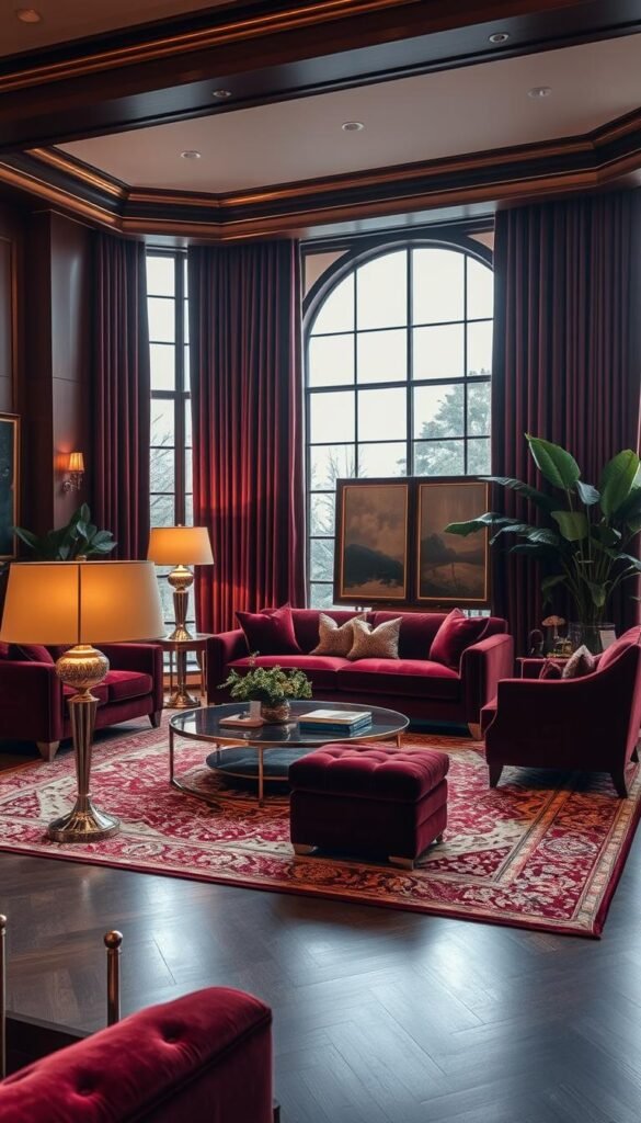 A luxurious living room bathed in warm, diffused lighting. The focal point is a sumptuous velvet sofa in a rich burgundy hue, complemented by plush, jewel-toned armchairs. Elegant floor lamps with shimmering metallic bases cast a soft glow, while a large, ornate area rug grounds the space in opulent textures. Tasteful art pieces and lush potted plants add depth and sophistication. The windows are adorned with heavy, velvet drapes that frame the view, creating a cozy, intimate atmosphere. Polished wood accents and metallic finishes elevate the overall aesthetic to one of refined, modern luxury. A luxurious living room bathed in warm, diffused lighting. The focal point is a sumptuous velvet sofa in a rich burgundy hue, complemented by plush, jewel-toned armchairs. Elegant floor lamps with shimmering metallic bases cast a soft glow, while a large, ornate area rug grounds the space in opulent textures. Tasteful art pieces and lush potted plants add depth and sophistication. The windows are adorned with heavy, velvet drapes that frame the view, creating a cozy, intimate atmosphere. Polished wood accents and metallic finishes elevate the overall aesthetic to one of refined, modern luxury.