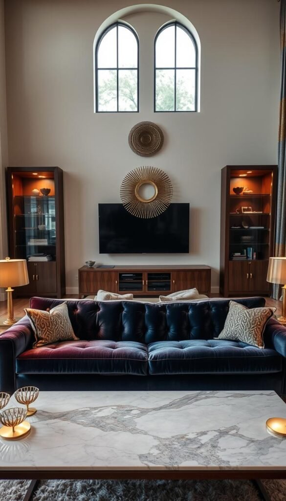 A luxurious living room filled with high-end, premium home decor materials and textures. In the foreground, a plush, velvety sofa in a rich, jewel-toned hue sits atop a soft, shaggy rug. On the coffee table, a marble surface reflects the warm, ambient lighting from a pair of brass lamps. In the middle ground, a sleek, wooden entertainment unit displays elegant, glass-fronted cabinets and shelves, complemented by a statement, metallic wall hanging. The background features tall, arched windows that let in natural light, illuminating the room's sophisticated palette of luxurious materials like brushed copper, polished stone, and hand-woven textiles. A luxurious living room filled with high-end, premium home decor materials and textures. In the foreground, a plush, velvety sofa in a rich, jewel-toned hue sits atop a soft, shaggy rug. On the coffee table, a marble surface reflects the warm, ambient lighting from a pair of brass lamps. In the middle ground, a sleek, wooden entertainment unit displays elegant, glass-fronted cabinets and shelves, complemented by a statement, metallic wall hanging. The background features tall, arched windows that let in natural light, illuminating the room's sophisticated palette of luxurious materials like brushed copper, polished stone, and hand-woven textiles.