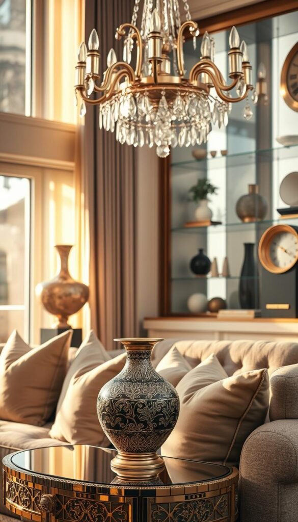 A luxurious living room scene, bathed in warm, golden light filtering through large windows. In the foreground, an exquisite decorative vase sits atop an elegant side table, adorned with intricate patterns and a shimmering metallic finish. Surrounding it, an artful arrangement of plush, textured throw pillows in muted tones creates a cozy, inviting atmosphere. In the middle ground, a stunning crystal chandelier casts a soft, ambient glow, its facets reflecting the light and adding a touch of glamour. In the background, high-end accessories such as a sleek, modern sculpture, a delicate porcelain figurine, and a meticulously crafted clock adorn the shelves, creating a harmonious blend of luxury and sophistication. A luxurious living room scene, bathed in warm, golden light filtering through large windows. In the foreground, an exquisite decorative vase sits atop an elegant side table, adorned with intricate patterns and a shimmering metallic finish. Surrounding it, an artful arrangement of plush, textured throw pillows in muted tones creates a cozy, inviting atmosphere. In the middle ground, a stunning crystal chandelier casts a soft, ambient glow, its facets reflecting the light and adding a touch of glamour. In the background, high-end accessories such as a sleek, modern sculpture, a delicate porcelain figurine, and a meticulously crafted clock adorn the shelves, creating a harmonious blend of luxury and sophistication.