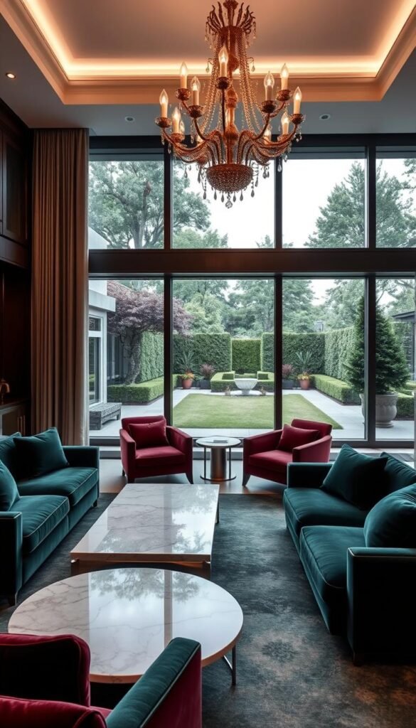 A luxurious living room with a harmonious arrangement of high-end designer furniture. Plush velvet sofas in a deep emerald hue, complemented by a pair of stylish armchairs upholstered in a rich burgundy. A sleek, modern coffee table made of polished marble and brushed metal anchors the seating area. Soft, indirect lighting from concealed fixtures casts a warm, inviting glow, while a large, ornate chandelier adds a touch of opulence overhead. Floor-to-ceiling windows offer panoramic views of a lush, manicured garden, blurring the lines between indoor and outdoor living. The overall atmosphere exudes a sense of refined sophistication and timeless elegance. A luxurious living room with a harmonious arrangement of high-end designer furniture. Plush velvet sofas in a deep emerald hue, complemented by a pair of stylish armchairs upholstered in a rich burgundy. A sleek, modern coffee table made of polished marble and brushed metal anchors the seating area. Soft, indirect lighting from concealed fixtures casts a warm, inviting glow, while a large, ornate chandelier adds a touch of opulence overhead. Floor-to-ceiling windows offer panoramic views of a lush, manicured garden, blurring the lines between indoor and outdoor living. The overall atmosphere exudes a sense of refined sophistication and timeless elegance.