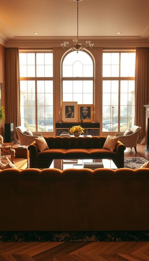 A luxurious living room with a sophisticated color palette and high-end furniture. The room is bathed in warm, golden light, creating a cozy and inviting atmosphere. In the foreground, a plush, velvet sofa in a rich, jewel-toned hue takes center stage, complemented by a pair of elegant armchairs in a complementary neutral shade. On the middle ground, a sleek, modern coffee table made of polished wood and metal stands atop a lush, patterned area rug. The background features floor-to-ceiling windows that allow natural light to flood the space, highlighting the carefully curated art pieces and decorative accessories that add depth and character to the room. The overall composition exudes a sense of refined elegance and sophistication. A luxurious living room with a sophisticated color palette and high-end furniture. The room is bathed in warm, golden light, creating a cozy and inviting atmosphere. In the foreground, a plush, velvet sofa in a rich, jewel-toned hue takes center stage, complemented by a pair of elegant armchairs in a complementary neutral shade. On the middle ground, a sleek, modern coffee table made of polished wood and metal stands atop a lush, patterned area rug. The background features floor-to-ceiling windows that allow natural light to flood the space, highlighting the carefully curated art pieces and decorative accessories that add depth and character to the room. The overall composition exudes a sense of refined elegance and sophistication.