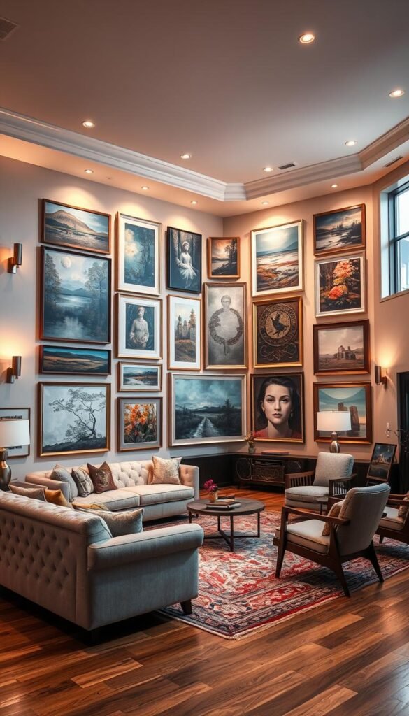 A luxurious living room with an art gallery wall, illuminated by warm, soft lighting from stylish sconces and recessed fixtures. The walls are adorned with a curated collection of framed paintings, photographs, and mixed media artworks, arranged in a visually striking, asymmetrical layout. The artwork features a diverse range of subjects and styles, from abstract expressionist canvases to nature-inspired landscapes, creating a harmonious yet captivating display. The room's furnishings, such as a plush, tufted sofa and mid-century modern armchairs, complement the art and contribute to the overall sense of refined elegance. Hardwood floors and rich, textured rugs add depth and warmth to the space, while large windows allow natural light to flood in, casting a soft, diffused glow throughout the room. A luxurious living room with an art gallery wall, illuminated by warm, soft lighting from stylish sconces and recessed fixtures. The walls are adorned with a curated collection of framed paintings, photographs, and mixed media artworks, arranged in a visually striking, asymmetrical layout. The artwork features a diverse range of subjects and styles, from abstract expressionist canvases to nature-inspired landscapes, creating a harmonious yet captivating display. The room's furnishings, such as a plush, tufted sofa and mid-century modern armchairs, complement the art and contribute to the overall sense of refined elegance. Hardwood floors and rich, textured rugs add depth and warmth to the space, while large windows allow natural light to flood in, casting a soft, diffused glow throughout the room.