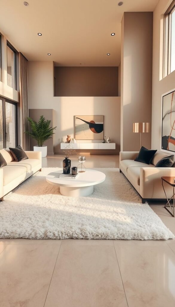 A luxurious, minimalist living room bathed in warm, natural light from large windows. Sleek, premium furnishings in muted tones of beige, gray, and black create a serene, elegant ambiance. A plush, off-white rug anchors the space, complemented by a low-profile, sculptural coffee table and minimalist, high-backed sofas. Decorative accents, such as a modern, metallic floor lamp and abstract wall art, add subtle touches of sophistication. The room exudes a sense of refined simplicity, with every element carefully curated to achieve a harmonious, high-end aesthetic. A luxurious, minimalist living room bathed in warm, natural light from large windows. Sleek, premium furnishings in muted tones of beige, gray, and black create a serene, elegant ambiance. A plush, off-white rug anchors the space, complemented by a low-profile, sculptural coffee table and minimalist, high-backed sofas. Decorative accents, such as a modern, metallic floor lamp and abstract wall art, add subtle touches of sophistication. The room exudes a sense of refined simplicity, with every element carefully curated to achieve a harmonious, high-end aesthetic.