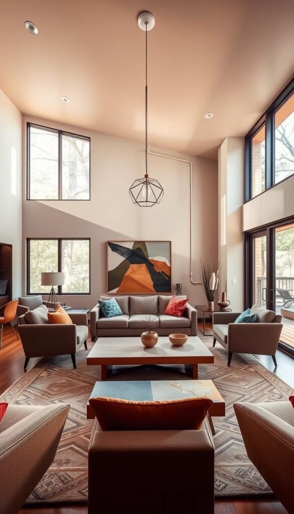 A mid-century modern living room, bathed in warm, natural light filtering through large windows. Clean, geometric lines define the sleek, low-profile furniture - a plush sofa with sharp angles, angular armchairs, and a minimalist coffee table with a smooth, rectangular surface. The palette is a harmonious blend of earthy tones, with touches of vibrant hues in accent pieces. Geometric patterns in the area rug and throw pillows echo the architectural forms, creating a visually striking and cohesive space. The lighting is a combination of a central, sculptural pendant and subtle, recessed fixtures, casting a soft, ambient glow. The overall atmosphere is one of refined elegance, where form and function seamlessly converge.