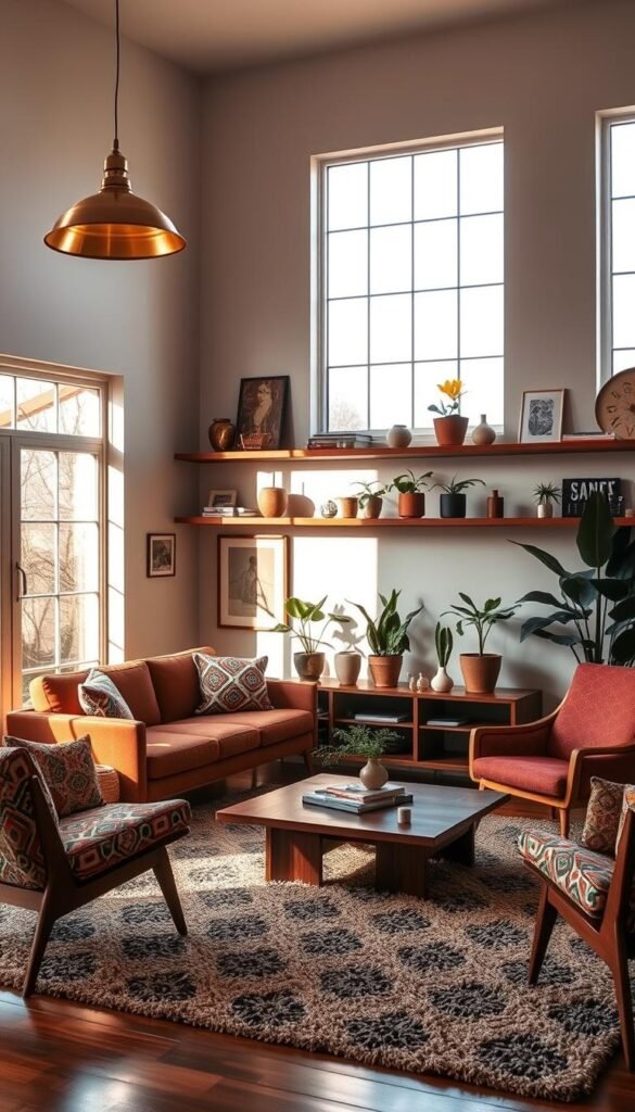 A mid-century modern living room, bathed in warm, natural light filtering through large picture windows. A plush, earth-toned sofa with sleek, tapered legs anchors the space, complemented by a low-profile, walnut-finished coffee table. Accent chairs in vibrant, geometric patterns add pops of color, while a shag area rug in muted tones grounds the room. Wall-mounted shelves display an eclectic mix of vintage decor and potted plants, casting intriguing shadows. Minimalist lighting fixtures, such as a pendant lamp with a brushed brass finish, provide a soft, ambient glow. The overall atmosphere exudes a timeless, sophisticated charm that seamlessly blends the past and present.