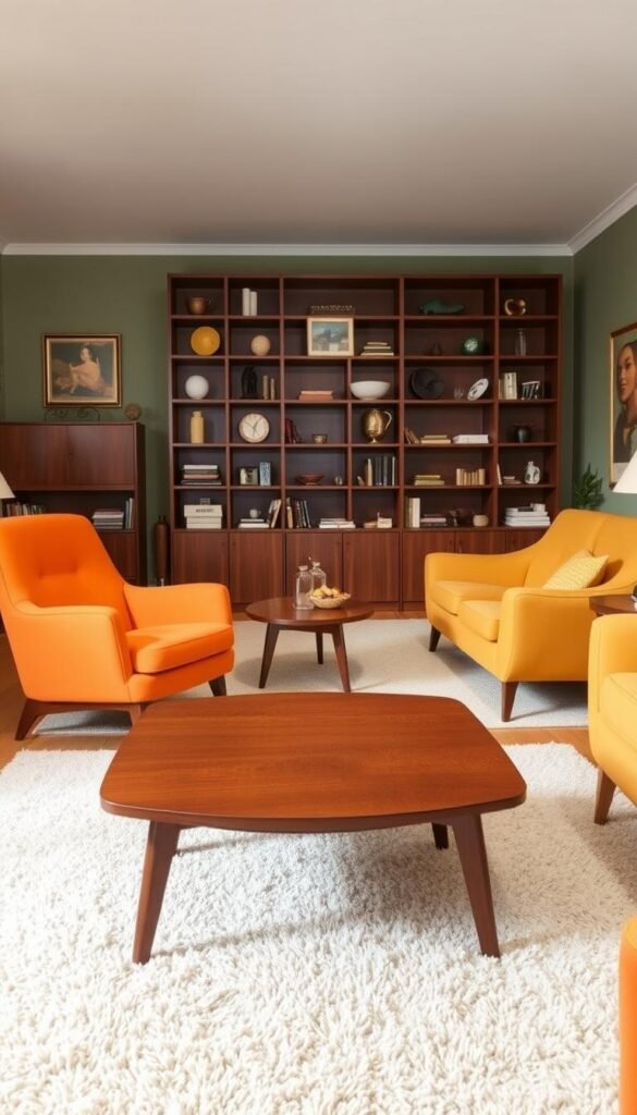 A mid-century modern living room filled with iconic retro furniture pieces. In the foreground, a sleek teak coffee table with tapered legs sits atop a plush, low-pile shag rug. Surrounding it, a pair of elegant, curved armchairs upholstered in a vibrant orange fabric, and a matching loveseat in a complementary mustard hue. In the middle ground, a towering, free-standing bookshelf in a rich walnut finish, its shelves adorned with vintage knick-knacks and mid-century decor. The room is bathed in warm, diffused lighting, creating a cozy, inviting atmosphere. The walls are painted in a soft, muted green, providing a neutral backdrop that allows the retro furniture to take center stage.
