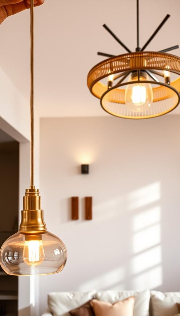 A mid-century modern living room with a stunning arrangement of mixed-material lighting fixtures. In the foreground, a sleek brass pendant lamp with a domed glass shade casts a warm glow. In the middle ground, a pair of minimalist wall sconces featuring a combination of wood and brushed steel frames. Across the room, a large, geometric chandelier with a mix of metal, glass, and natural rattan elements hangs elegantly from the high ceiling. The lighting creates a cozy, inviting atmosphere, perfectly complementing the neutral color palette and natural textures of the furnishings. Shadows and highlights interplay, adding depth and dimension to the space.