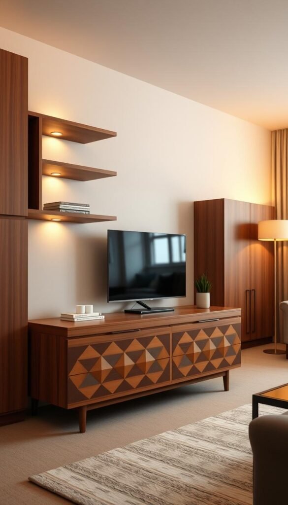 A mid-century modern living room with stylish, functional storage solutions featuring geometric patterns. In the foreground, sleek, wooden cabinets and shelves with clean lines and angular designs. In the middle ground, a low, minimalist credenza showcasing a repeating, diamond-shaped motif across its drawers. The background is filled with warm, diffused lighting, casting a soft, elegant glow over the space. The overall atmosphere is one of sophistication and practicality, perfectly capturing the essence of mid-century modern design.