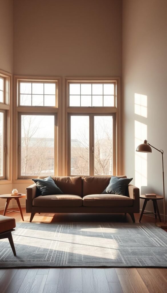 A mid-century modern minimalist living room bathed in warm, natural light from large picture windows. A sleek, low-profile sofa in a muted, earthy tone anchors the space, flanked by slim, tapered wooden side tables. A geometric area rug in shades of gray grounds the room, while a minimalist, metal floor lamp casts a soft, ambient glow. The walls are painted in a soft, neutral tone, allowing the clean lines and timeless design of the furnishings to take center stage. The overall atmosphere is one of understated elegance and timeless sophistication. A mid-century modern minimalist living room bathed in warm, natural light from large picture windows. A sleek, low-profile sofa in a muted, earthy tone anchors the space, flanked by slim, tapered wooden side tables. A geometric area rug in shades of gray grounds the room, while a minimalist, metal floor lamp casts a soft, ambient glow. The walls are painted in a soft, neutral tone, allowing the clean lines and timeless design of the furnishings to take center stage. The overall atmosphere is one of understated elegance and timeless sophistication.