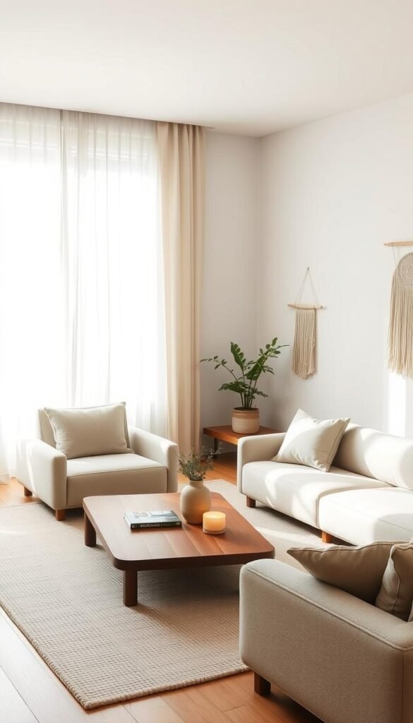 A minimalist Japanese-inspired living room with clean lines, natural materials, and a muted color palette. Soft, diffused lighting filters through sheer curtains, casting a warm glow. The focal point is a low, wooden coffee table surrounded by plush, neutral-toned seating. Accent pieces, such as a potted plant and a simple wall hanging, add subtle Scandinavian design touches. The overall atmosphere is one of tranquility and understated elegance. A minimalist Japanese-inspired living room with clean lines, natural materials, and a muted color palette. Soft, diffused lighting filters through sheer curtains, casting a warm glow. The focal point is a low, wooden coffee table surrounded by plush, neutral-toned seating. Accent pieces, such as a potted plant and a simple wall hanging, add subtle Scandinavian design touches. The overall atmosphere is one of tranquility and understated elegance.