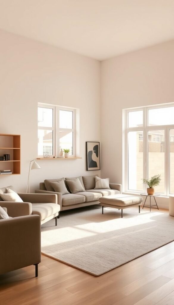 A minimalist living room with a cozy seating arrangement, featuring a plush sofa, armchair, and ottoman in shades of beige and gray. The room is bathed in warm, natural light filtering through large windows, highlighting the clean lines and uncluttered design. Sleek, wall-mounted shelving and a low-profile coffee table optimize the available space, while a few carefully curated decorative elements, such as a potted plant and abstract artwork, add visual interest. The overall atmosphere exudes a sense of calm and intentionality, exemplifying the principles of small space planning and design. A minimalist living room with a cozy seating arrangement, featuring a plush sofa, armchair, and ottoman in shades of beige and gray. The room is bathed in warm, natural light filtering through large windows, highlighting the clean lines and uncluttered design. Sleek, wall-mounted shelving and a low-profile coffee table optimize the available space, while a few carefully curated decorative elements, such as a potted plant and abstract artwork, add visual interest. The overall atmosphere exudes a sense of calm and intentionality, exemplifying the principles of small space planning and design.