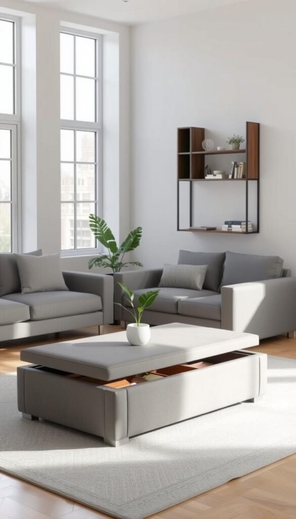 A minimalist living room with a multifunctional ottoman-coffee table centerpiece. Bright, airy space with large windows and soft, natural lighting from the side. Sleek, contemporary furnishings in muted tones of gray and white. The ottoman has hidden storage compartments and can be used as extra seating. A wall-mounted shelving unit provides display and storage space without taking up floor area. Geometric area rug and potted plant add subtle pops of color. The layout is open and inviting, optimizing the limited square footage through clever, space-saving design. A minimalist living room with a multifunctional ottoman-coffee table centerpiece. Bright, airy space with large windows and soft, natural lighting from the side. Sleek, contemporary furnishings in muted tones of gray and white. The ottoman has hidden storage compartments and can be used as extra seating. A wall-mounted shelving unit provides display and storage space without taking up floor area. Geometric area rug and potted plant add subtle pops of color. The layout is open and inviting, optimizing the limited square footage through clever, space-saving design.