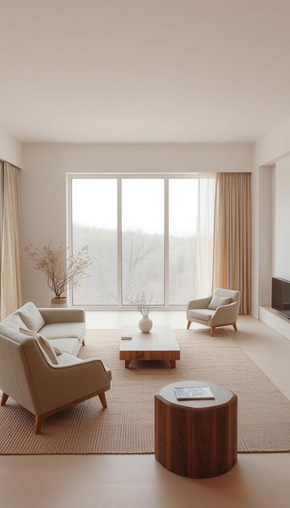 A minimalist living room with a tranquil, philosophical atmosphere. Neutral tones of beige, gray, and white create a calming, contemplative space. Soft, diffused lighting illuminates clean-lined furniture - a low-profile sofa, an angular armchair, and a simple wooden coffee table. The room's layout emphasizes open, uncluttered space, encouraging mindful introspection. Muted textures, such as woven rugs and linen curtains, add depth without distraction. Expansive windows draw the eye outward, framing a serene, natural landscape. This serene, pared-down interior embodies the essence of minimalist living room philosophy. A minimalist living room with a tranquil, philosophical atmosphere. Neutral tones of beige, gray, and white create a calming, contemplative space. Soft, diffused lighting illuminates clean-lined furniture - a low-profile sofa, an angular armchair, and a simple wooden coffee table. The room's layout emphasizes open, uncluttered space, encouraging mindful introspection. Muted textures, such as woven rugs and linen curtains, add depth without distraction. Expansive windows draw the eye outward, framing a serene, natural landscape. This serene, pared-down interior embodies the essence of minimalist living room philosophy.