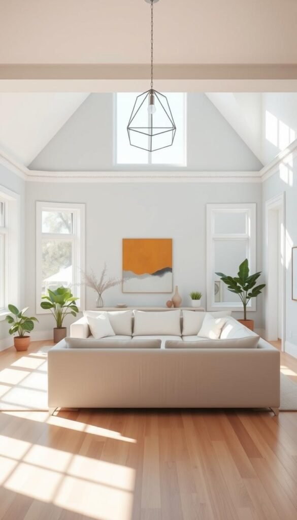 A minimalist open living room with a bright, airy color scheme. The focal point is a large, plush sectional sofa in a soft, neutral tone, positioned in the middle of the frame. Sunlight streams in through expansive windows, casting a warm glow across the space. The walls are painted in a soothing, pale blue-gray hue, complemented by white trim and accents. Decorative elements, such as potted plants and abstract wall art, add pops of color and texture. The hardwood floors are finished in a light, natural tone, tying the whole design together. Overhead, a modern, geometric light fixture casts a gentle, ambient illumination, creating a serene and inviting atmosphere. A minimalist open living room with a bright, airy color scheme. The focal point is a large, plush sectional sofa in a soft, neutral tone, positioned in the middle of the frame. Sunlight streams in through expansive windows, casting a warm glow across the space. The walls are painted in a soothing, pale blue-gray hue, complemented by white trim and accents. Decorative elements, such as potted plants and abstract wall art, add pops of color and texture. The hardwood floors are finished in a light, natural tone, tying the whole design together. Overhead, a modern, geometric light fixture casts a gentle, ambient illumination, creating a serene and inviting atmosphere.